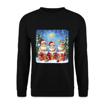 Lustige Weihnachtshasen mit Weihnachtsmannmütze - Unisex Pullover - Schwarz - Vorne - Alina (178cm) & Michal (187cm)