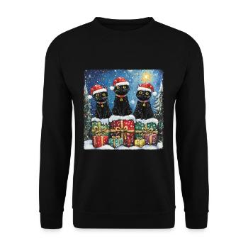 Schwarze Katzen mit Weihnachtsgeschenke - Unisex Pullover - Schwarz - Vorne - Alina (178cm) & Michal (187cm)