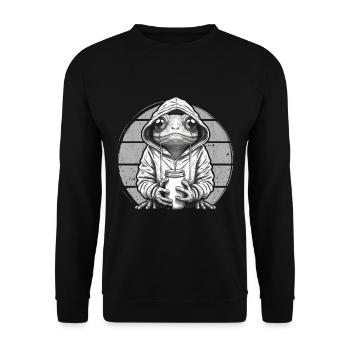 Frosch hält Kaffee - Unisex Pullover - Schwarz - Vorne - Alina (178cm) & Michal (187cm)