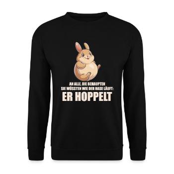 Der Hase hoppelt Witziges Funshirt - Unisex Pullover - Schwarz - Vorne - Alina (178cm) & Michal (187cm)
