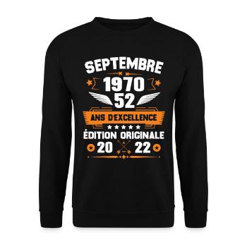 Septembre 1970 Idée cadeau d'anniversaire 52 ans - Sweat-shirt Unisexe - noir - Devant - Alina (178cm) & Michal (187cm)