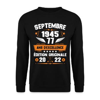 Septembre 1945 Idée cadeau d'anniversaire 77 ans - Sweat-shirt Unisexe - noir - Devant - Alina (178cm) & Michal (187cm)