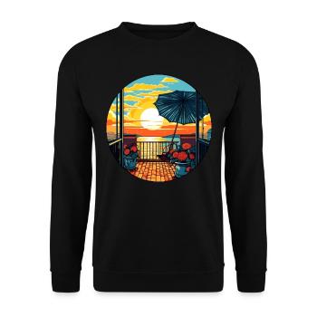 Urlaub auf dem Balkon, Sonnenschirm, Sonne, Meer - Unisex Pullover - Schwarz - Vorne - Alina (178cm) & Michal (187cm)