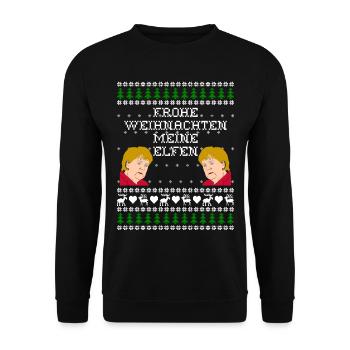 Ugly Sweater Christmas Weihnachten Merkel Geschenk - Unisex Pullover - Schwarz - Vorne - Alina (178cm) & Michal (187cm)