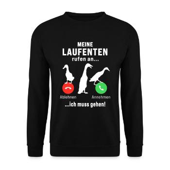 Meine Laufenten rufen an Laufente Laufentenstall - Unisex Pullover - Schwarz - Vorne - Alina (178cm) & Michal (187cm)