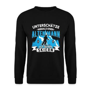 Unterschätze niemals einen alten Mann auf Skiern - Unisex Pullover - Schwarz - Vorne - Alina (178cm) & Michal (187cm)