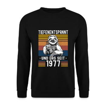 Faultier Geburtstag 1977 Geboren Jahrgang 1977 - Unisex Pullover - Schwarz - Vorne - Alina (178cm) & Michal (187cm)