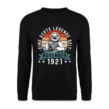 Faultier Geburtstag November 1921 Geboren Jahrgang - Unisex Pullover - Schwarz - Vorne - Alina (178cm) & Michal (187cm)