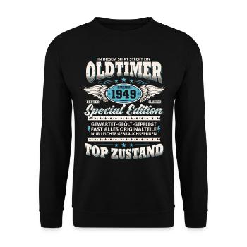 Oldtimer Baujahr 1949 Jahrgang Geburtstag Geschenk - Unisex Pullover - Schwarz - Vorne - Alina (178cm) & Michal (187cm)