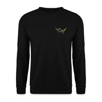 Frosch in einer Blatthängematte – Humor und entspannende Stimmung - Unisex Pullover - Schwarz - Vorne - Alina (178cm) & Michal (187cm)
