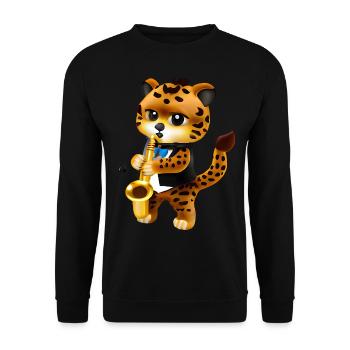 Leopard mit Saxophon - Unisex Pullover - Schwarz - Vorne - Alina (178cm) & Michal (187cm)