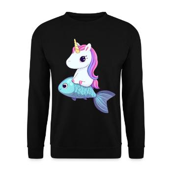 Einhorn reitet auf Fisch - Unisex Pullover - Schwarz - Vorne - Alina (178cm) & Michal (187cm)