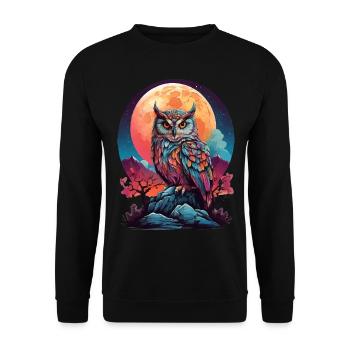 MOONLIT MYSTIQUE: A COLORFUL OWL’S NIGHTTIME VIGIL - Unisex Sweatshirt - black - Front - Alina (178cm) & Michal (187cm)