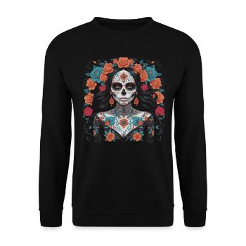 La Muerte - Wunderschöner Gothic Totenkopf Frau Design - Unisex Pullover - Schwarz - Vorne - Alina (178cm) & Michal (187cm)