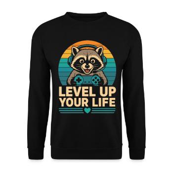 Level Up Your Life Waschbär Gamer - Unisex Pullover - Schwarz - Vorne - Alina (178cm) & Michal (187cm)
