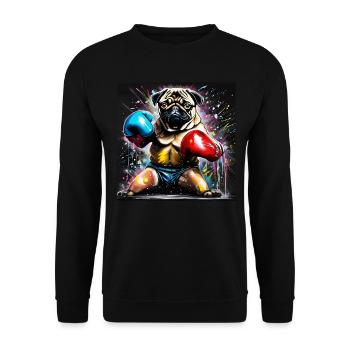 Mops als Boxer in Boxhaltung - Unisex Pullover - Schwarz - Vorne - Alina (178cm) & Michal (187cm)