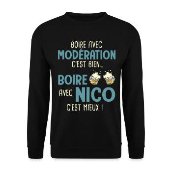 nicolas modération boire avec nico c'est mieux - Sweat-shirt Unisexe - noir - Devant - Alina (178cm) & Michal (187cm)
