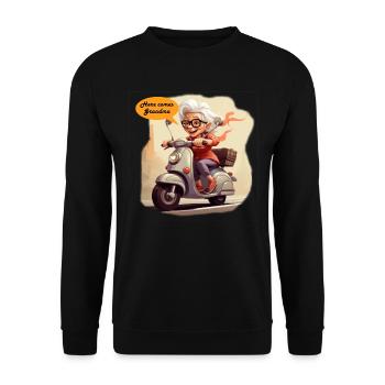 Coole Oma fährt Roller - Unisex Pullover - Schwarz - Vorne - Alina (178cm) & Michal (187cm)