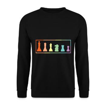 Bunte Schachfiguren Schachmeister - Unisex Pullover - Schwarz - Vorne - Alina (178cm) & Michal (187cm)