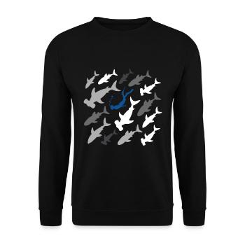 Haie mit Taucher Apnoetauchen Freitauchen Geschenk - Unisex Pullover - Schwarz - Vorne - Alina (178cm) & Michal (187cm)