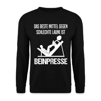 Bodybuilder Kraft Sport Beinpresse Spruch Geschenk - Unisex Pullover - Schwarz - Vorne - Alina (178cm) & Michal (187cm)