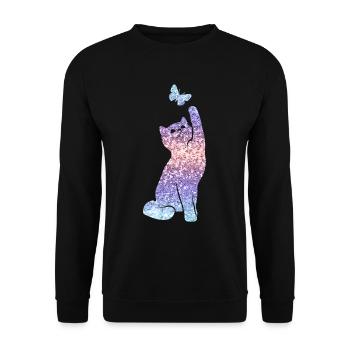 Katze Glitzer Print Katzenliebhaber Geschenk - Unisex Pullover - Schwarz - Vorne - Alina (178cm) & Michal (187cm)