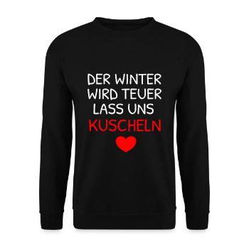Winter Heizung Kalt Kuscheln Energie Krise T-Shirt - Unisex Pullover - Schwarz - Vorne - Alina (178cm) & Michal (187cm)