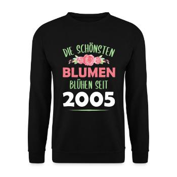 Jahrgang 2005 Blumen Spruch Geburtstag Geschenk - Unisex Pullover - Schwarz - Vorne - Alina (178cm) & Michal (187cm)