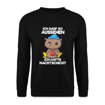 Ich Darf So Aussehen Ich Hatte Nachtschicht Eule - Unisex Pullover - Schwarz - Vorne - Alina (178cm) & Michal (187cm)