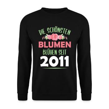 Jahrgang 2011 Blumen Spruch Geburtstag Geschenk - Unisex Pullover - Schwarz - Vorne - Alina (178cm) & Michal (187cm)