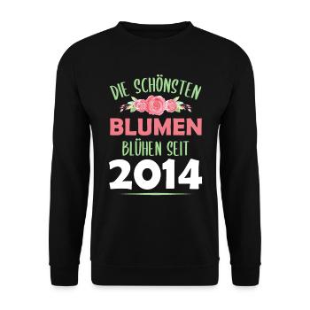 Jahrgang 2014 Blumen Spruch Geburtstag Geschenk - Unisex Pullover - Schwarz - Vorne - Alina (178cm) & Michal (187cm)