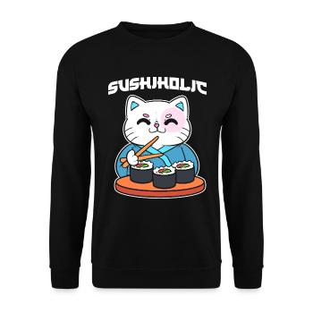Katze isst Sushi Sushi-Liebhaber - Unisex Pullover - Schwarz - Vorne - Alina (178cm) & Michal (187cm)