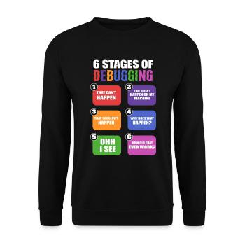 6 Stages Of Debugging IT-Spezialist - Unisex Pullover - Schwarz - Vorne - Alina (178cm) & Michal (187cm)