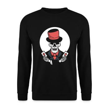 Skelett -Pokerkarten Zauberer - Unisex Pullover - Schwarz - Vorne - Alina (178cm) & Michal (187cm)