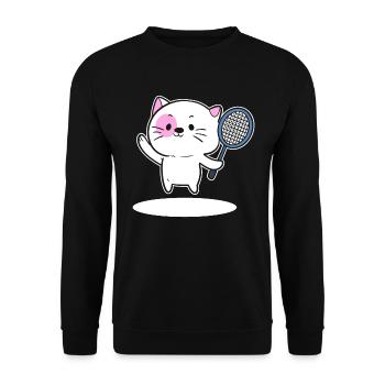 Katze spielt Badminton Federballspieler - Unisex Pullover - Schwarz - Vorne - Alina (178cm) & Michal (187cm)
