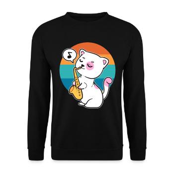 Katze spielt Saxophon Saxophonist - Unisex Pullover - Schwarz - Vorne - Alina (178cm) & Michal (187cm)
