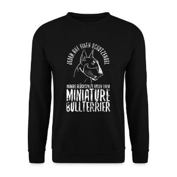 Miniatur Bullterrier Schutzengel Wachhund - Unisex Pullover - Schwarz - Vorne - Alina (178cm) & Michal (187cm)