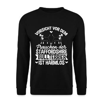 Staffordshire Bullterrier Frauchen Harmlos - Unisex Pullover - Schwarz - Vorne - Alina (178cm) & Michal (187cm)