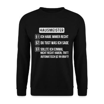 Hausmeister Sprüche Regeln - Unisex Pullover - Schwarz - Vorne - Alina (178cm) & Michal (187cm)