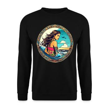 Süßes Surfer Girl am Strand mit Sonnenuntergang - Unisex Pullover - Schwarz - Vorne - Alina (178cm) & Michal (187cm)