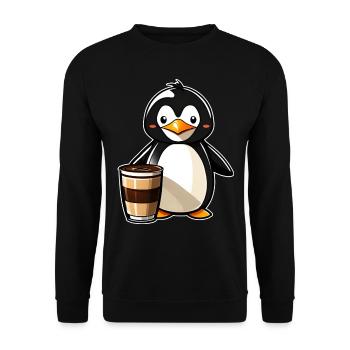 Niedlicher Pinguin mit Kaffee V - Unisex Pullover - Schwarz - Vorne - Alina (178cm) & Michal (187cm)