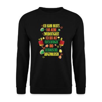 zweideutige Sprüche / Flutschfinger & Leckmuschel - Unisex Pullover - Schwarz - Vorne - Alina (178cm) & Michal (187cm)