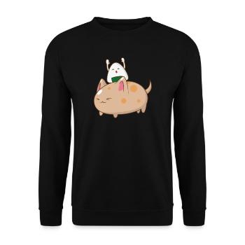Onigiri reitet auf Katze - Unisex Pullover - Schwarz - Vorne - Alina (178cm) & Michal (187cm)