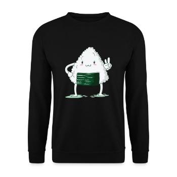 Onigiri zeigt Peace Zeichen - Unisex Pullover - Schwarz - Vorne - Alina (178cm) & Michal (187cm)