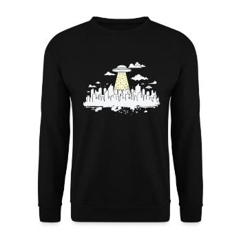 Skyline mit Ufo Gebäude Stadt Silhouette - Unisex Pullover - Schwarz - Vorne - Alina (178cm) & Michal (187cm)