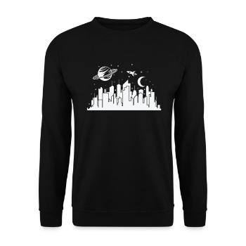 Skyline mit Planeten und Rakete Stadt - Unisex Pullover - Schwarz - Vorne - Alina (178cm) & Michal (187cm)