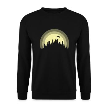 Skyline mit Flugzeug Gebäude Stadt Silhouette - Unisex Pullover - Schwarz - Vorne - Alina (178cm) & Michal (187cm)