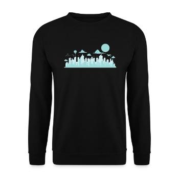 blaue Skyline mit Flugzeugen und Ballon Stadt - Unisex Pullover - Schwarz - Vorne - Alina (178cm) & Michal (187cm)
