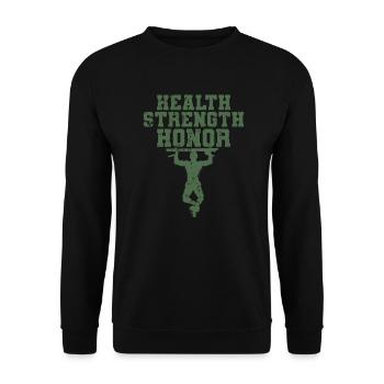 Health Strength Honor Fitness Workout - Unisex Pullover - Schwarz - Vorne - Alina (178cm) & Michal (187cm)