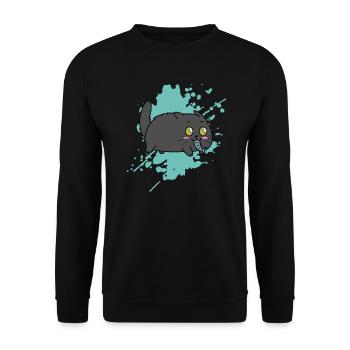 Katze mit Fisch im Maul im Kawaii Stil Tier - Unisex Pullover - Schwarz - Vorne - Alina (178cm) & Michal (187cm)